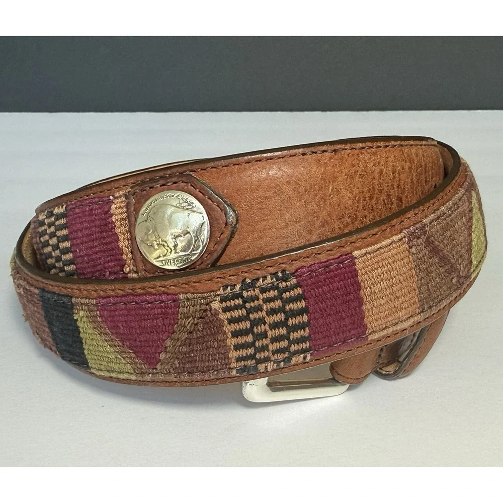 Orvis American Bison Brown Leather Belt Buffalo Nickel Sz 42 USA Southwestern